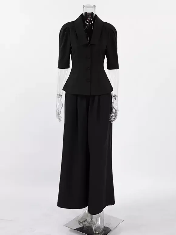 Sophisticated French Style Co-ord Set Women - Puff Sleeve Notch Collar Top Black Wide Leg Pants - Summer Workwear 2026