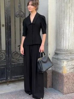 Sophisticated French Style Co-ord Set Women - Puff Sleeve Notch Collar Top Black Wide Leg Pants - Summer Workwear 2026