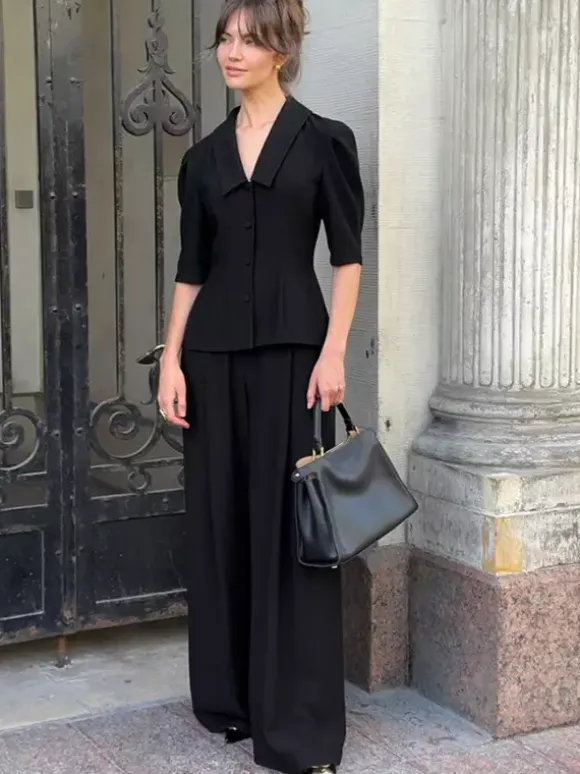 Sophisticated French Style Co-ord Set Women - Puff Sleeve Notch Collar Top Black Wide Leg Pants - Summer Workwear 2026