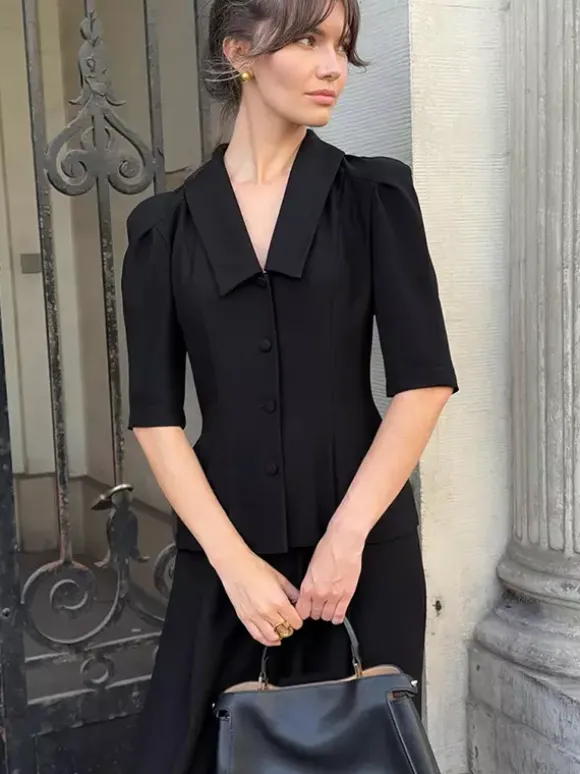 Sophisticated French Style Co-ord Set Women - Puff Sleeve Notch Collar Top Black Wide Leg Pants - Summer Workwear 2026