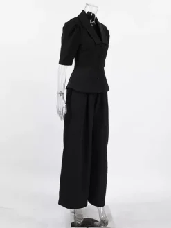 Sophisticated French Style Co-ord Set Women - Puff Sleeve Notch Collar Top Black Wide Leg Pants - Summer Workwear 2026