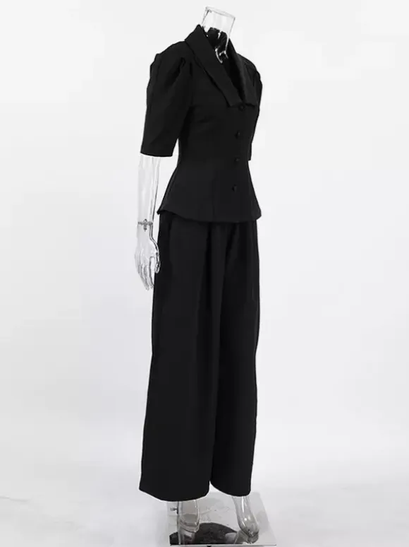 Sophisticated French Style Co-ord Set Women - Puff Sleeve Notch Collar Top Black Wide Leg Pants - Summer Workwear 2026