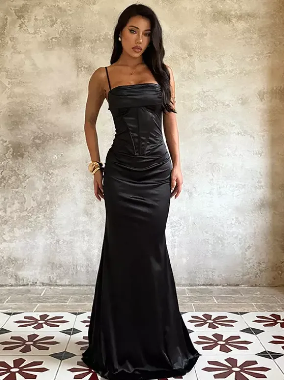Spaghetti Strap Corset Maxi Dress For Women - Black Elegant Bodycon Gown - Spring Evening Wedding Guest 2026
