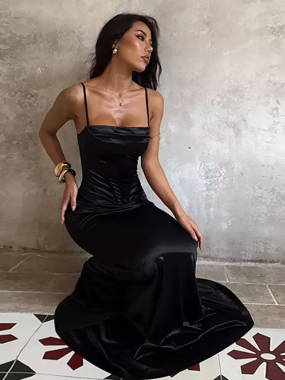 Spaghetti Strap Corset Maxi Dress For Women - Black Elegant Bodycon Gown - Spring Evening Wedding Guest 2026