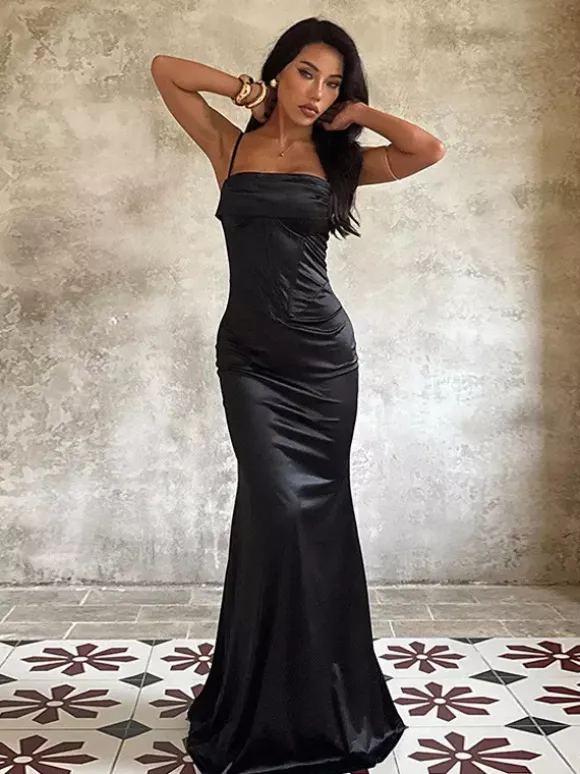 Spaghetti Strap Corset Maxi Dress For Women - Black Elegant Bodycon Gown - Spring Evening Wedding Guest 2026