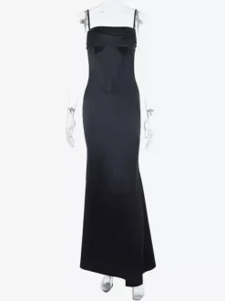 Spaghetti Strap Corset Maxi Dress For Women - Black Elegant Bodycon Gown - Spring Evening Wedding Guest 2026