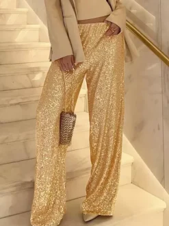 Sparkle Pants High Waist Wide Leg Sequins Chic Trousers For Women