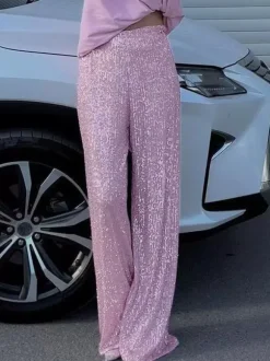 Sparkle Pants High Waist Wide Leg Sequins Chic Trousers For Women
