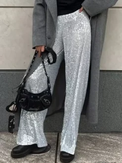 Sparkle Pants High Waist Wide Leg Sequins Chic Trousers For Women