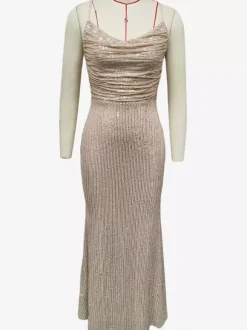 Sparkly Sequin Maxi Dress In Champagne Lace-up Ruched Spaghetti Straps Party Dress For Women 2026