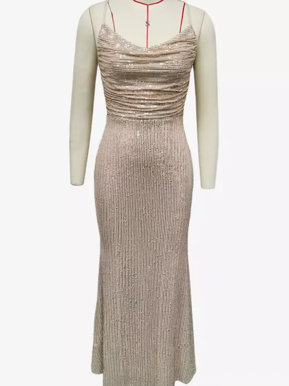 Sparkly Sequin Maxi Dress In Champagne Lace-up Ruched Spaghetti Straps Party Dress For Women 2026