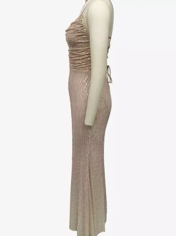 Sparkly Sequin Maxi Dress In Champagne Lace-up Ruched Spaghetti Straps Party Dress For Women 2026