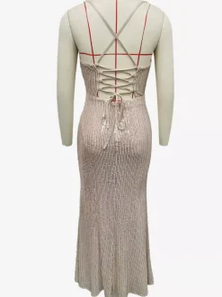 Sparkly Sequin Maxi Dress In Champagne Lace-up Ruched Spaghetti Straps Party Dress For Women 2026
