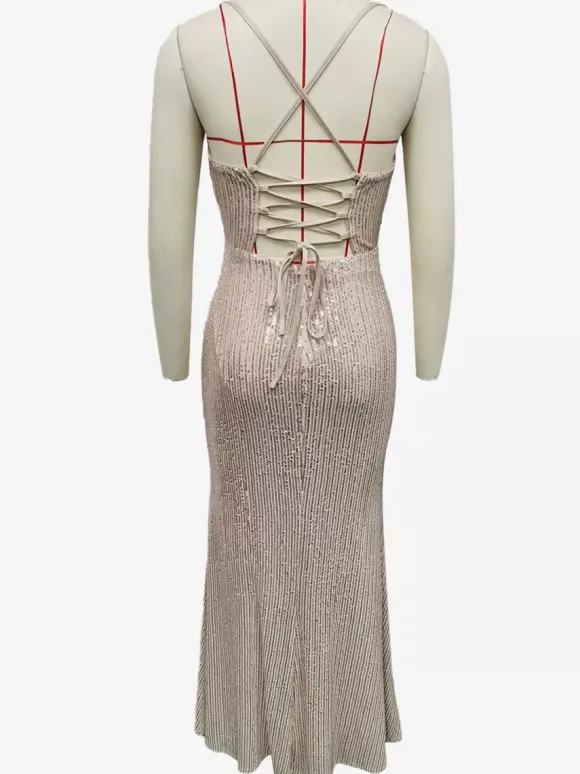 Sparkly Sequin Maxi Dress In Champagne Lace-up Ruched Spaghetti Straps Party Dress For Women 2026
