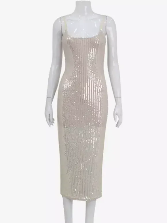 Sparkly Sequin Maxi Slip Dress For Women - Glam Spaghetti Strap Bodycon - Spring Night Out Club Party 2026