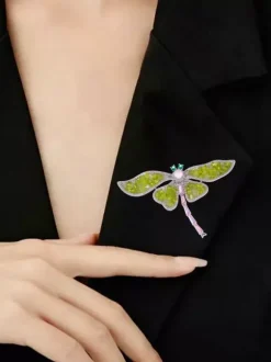 Sparkly Green Stone Dragonfly Brooch Elegant Suit Decor Pin