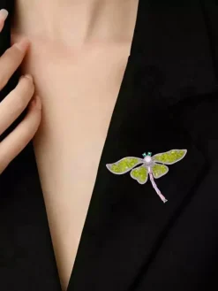 Sparkly Green Stone Dragonfly Brooch Elegant Suit Decor Pin
