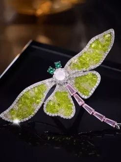 Sparkly Green Stone Dragonfly Brooch Elegant Suit Decor Pin