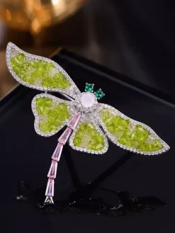 Sparkly Green Stone Dragonfly Brooch Elegant Suit Decor Pin