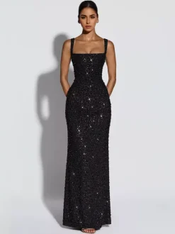 Sparkly Sequin Maxi Formal Dress For Women - Square Neck Slim Fit Back Lace-up Bodycon Mermaid Gown - Summer Gala Prom 2026