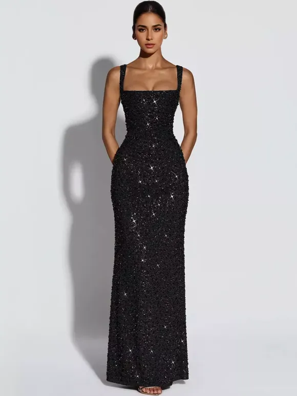 Sparkly Sequin Maxi Formal Dress For Women - Square Neck Slim Fit Back Lace-up Bodycon Mermaid Gown - Summer Gala Prom 2026