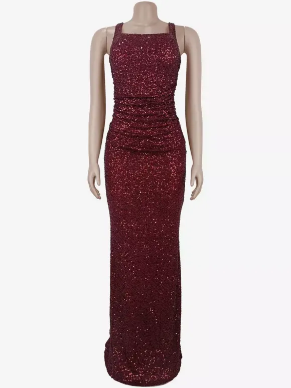 Sparkly Sequin Maxi Formal Dress For Women - Square Neck Slim Fit Back Lace-up Bodycon Mermaid Gown - Summer Gala Prom 2026