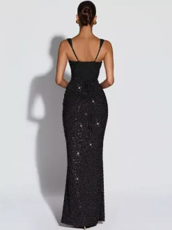 Sparkly Sequin Maxi Formal Dress For Women - Square Neck Slim Fit Back Lace-up Bodycon Mermaid Gown - Summer Gala Prom 2026