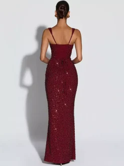 Sparkly Sequin Maxi Formal Dress For Women - Square Neck Slim Fit Back Lace-up Bodycon Mermaid Gown - Summer Gala Prom 2026