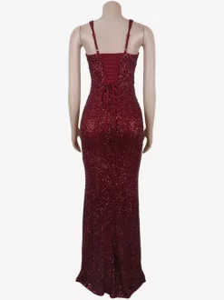 Sparkly Sequin Maxi Formal Dress For Women - Square Neck Slim Fit Back Lace-up Bodycon Mermaid Gown - Summer Gala Prom 2026