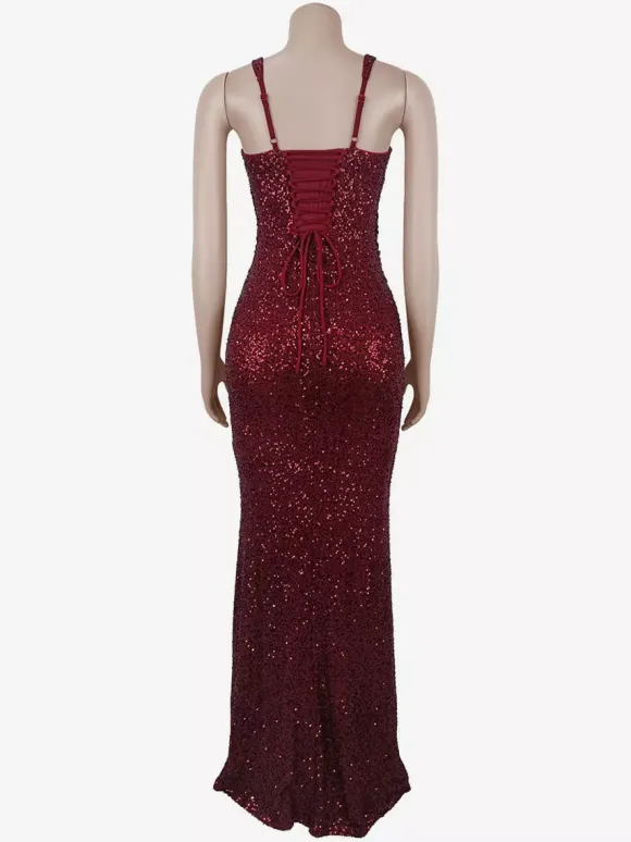 Sparkly Sequin Maxi Formal Dress For Women - Square Neck Slim Fit Back Lace-up Bodycon Mermaid Gown - Summer Gala Prom 2026