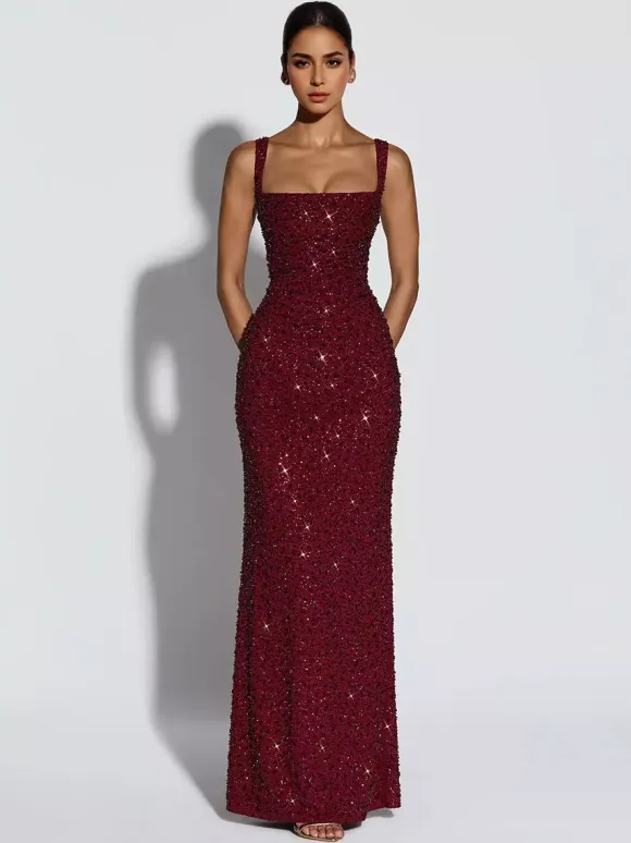 Sparkly Sequin Maxi Formal Dress For Women - Square Neck Slim Fit Back Lace-up Bodycon Mermaid Gown - Summer Gala Prom 2026