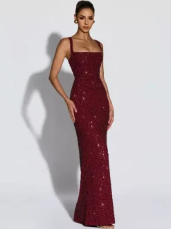 Sparkly Sequin Maxi Formal Dress For Women - Square Neck Slim Fit Back Lace-up Bodycon Mermaid Gown - Summer Gala Prom 2026