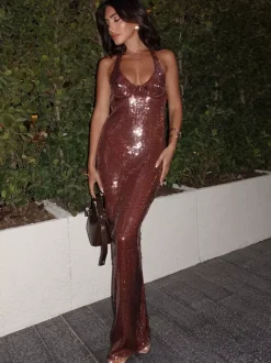 Sparkly Sequin Maxi Formal Dress For Women - Brown Halter Backless Bodycon Slim Long Gown - Summer Gala Night Out Party 2026