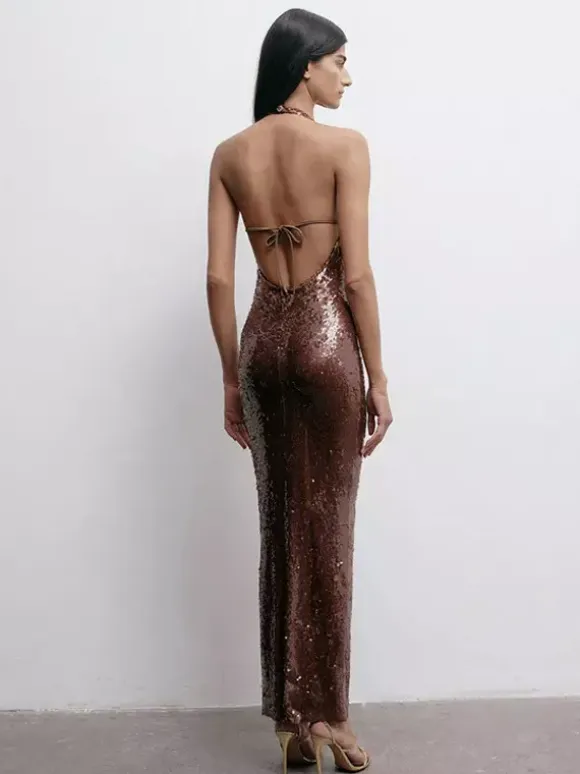 Sparkly Sequin Maxi Formal Dress For Women - Brown Halter Backless Bodycon Slim Long Gown - Summer Gala Night Out Party 2026