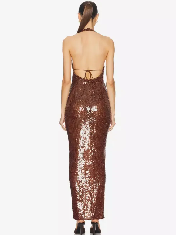 Sparkly Sequin Maxi Formal Dress For Women - Brown Halter Backless Bodycon Slim Long Gown - Summer Gala Night Out Party 2026