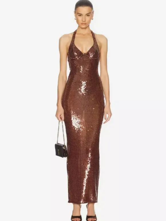 Sparkly Sequin Maxi Formal Dress For Women - Brown Halter Backless Bodycon Slim Long Gown - Summer Gala Night Out Party 2026