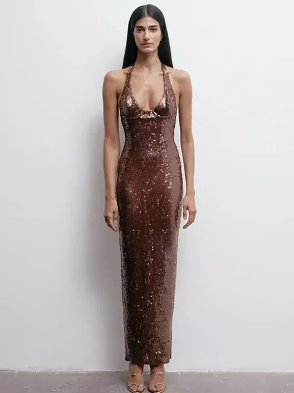 Sparkly Sequin Maxi Formal Dress For Women - Brown Halter Backless Bodycon Slim Long Gown - Summer Gala Night Out Party 2026