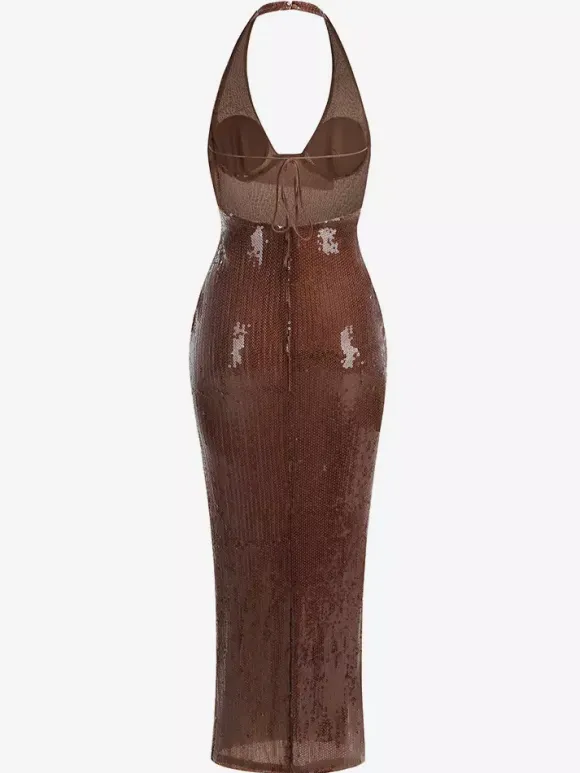 Sparkly Sequin Maxi Formal Dress For Women - Brown Halter Backless Bodycon Slim Long Gown - Summer Gala Night Out Party 2026