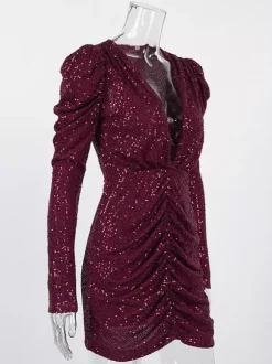 Sparkly Sequin Mini Dress For Women - Sexy Deep V Neck Long Sleeve Ruched Bodycon - Spring Cocktail Party Clubwear 2026