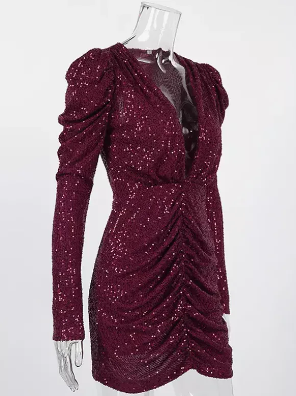 Sparkly Sequin Mini Dress For Women - Sexy Deep V Neck Long Sleeve Ruched Bodycon - Spring Cocktail Party Clubwear 2026