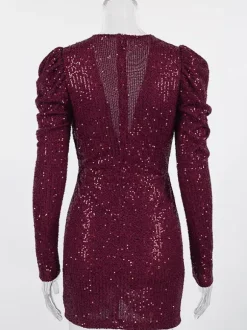 Sparkly Sequin Mini Dress For Women - Sexy Deep V Neck Long Sleeve Ruched Bodycon - Spring Cocktail Party Clubwear 2026