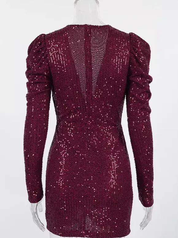 Sparkly Sequin Mini Dress For Women - Sexy Deep V Neck Long Sleeve Ruched Bodycon - Spring Cocktail Party Clubwear 2026