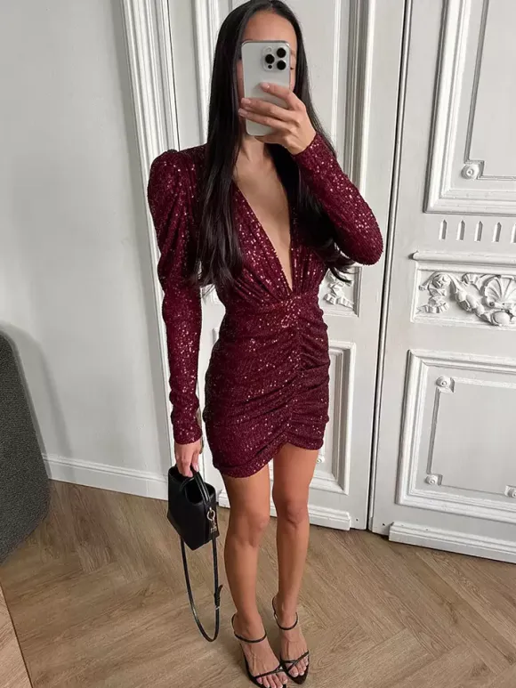 Sparkly Sequin Mini Dress For Women - Sexy Deep V Neck Long Sleeve Ruched Bodycon - Spring Cocktail Party Clubwear 2026