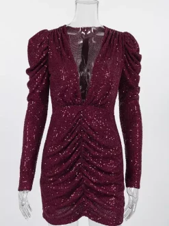 Sparkly Sequin Mini Dress For Women - Sexy Deep V Neck Long Sleeve Ruched Bodycon - Spring Cocktail Party Clubwear 2026