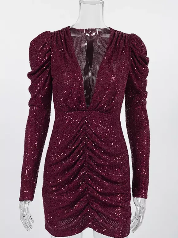 Sparkly Sequin Mini Dress For Women - Sexy Deep V Neck Long Sleeve Ruched Bodycon - Spring Cocktail Party Clubwear 2026
