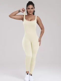Sporty Jumpsuit Scoop Neckline Activewear In Solid Color