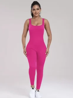Sporty Jumpsuit Scoop Neckline Activewear In Solid Color