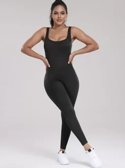 Sporty Jumpsuit Scoop Neckline Activewear In Solid Color