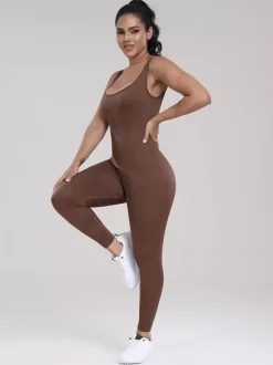 Sporty Jumpsuit Scoop Neckline Activewear In Solid Color