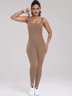 Sporty Jumpsuit Scoop Neckline Activewear In Solid Color